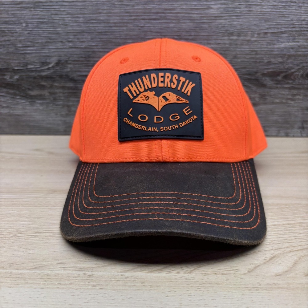 Thunderstik Lodge Hat Cap Strap Back Orange Brown Embroidered Patch Hunting Mens